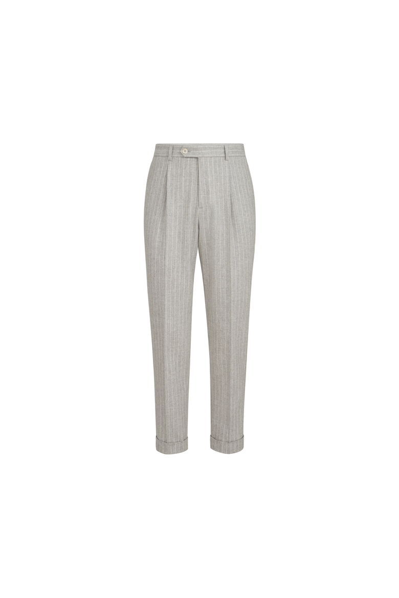 Virgin wool and cashmere chalk stripe flannel trousers with pleat, Alternate, color, Light Grey