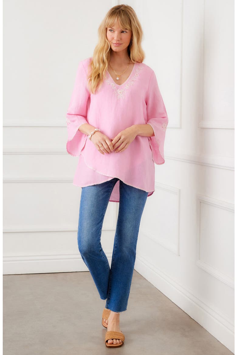 Embroidered Asymmetric Hem Linen Blend Top, Alternate, color, PINK