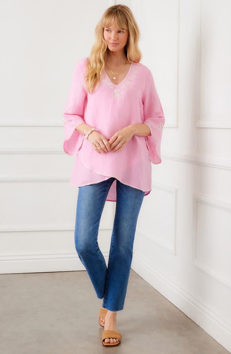 Karen Kane Embroidered Asymmetric Hem Linen Blend Top, Alternate, color, Pink