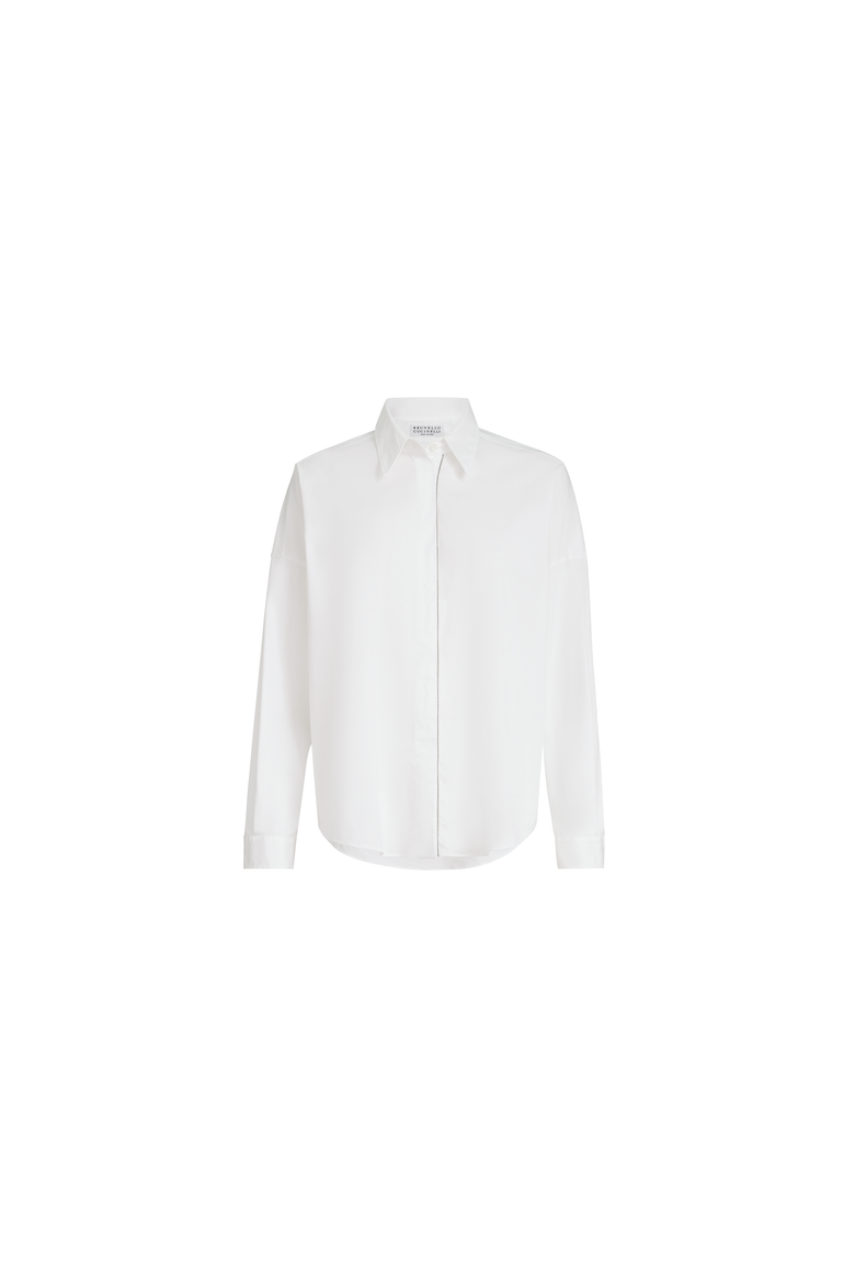 Stretch cotton poplin shirt with shiny trim, Alternate, color, White