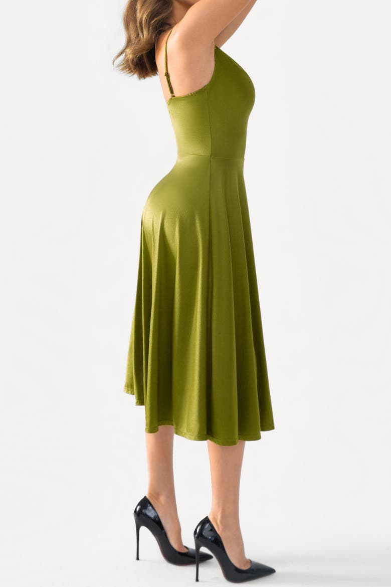 Shapewear Strappy Cowl Neck Vacation & Date Night Fit & Flare Midi Dress, Alternate, color, Metallic Olive