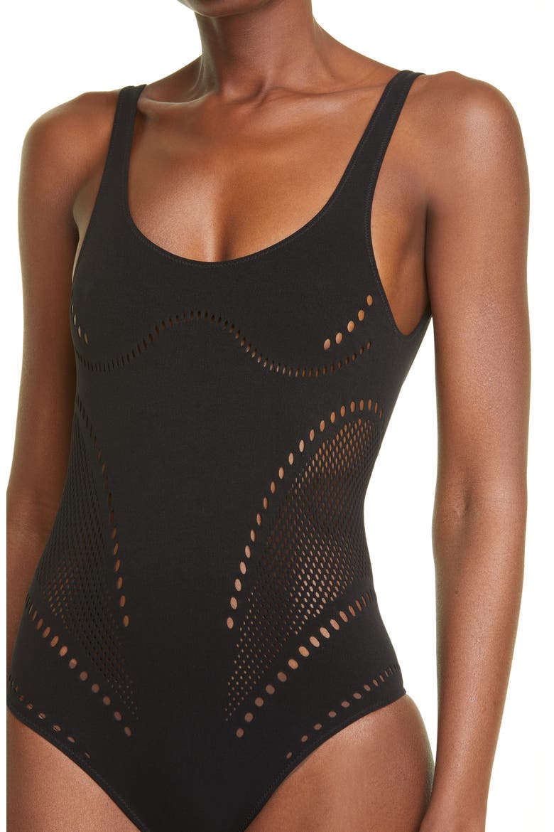 Stellawear Perforated One-Piece Swimsuit, Alternate, color, BLACK