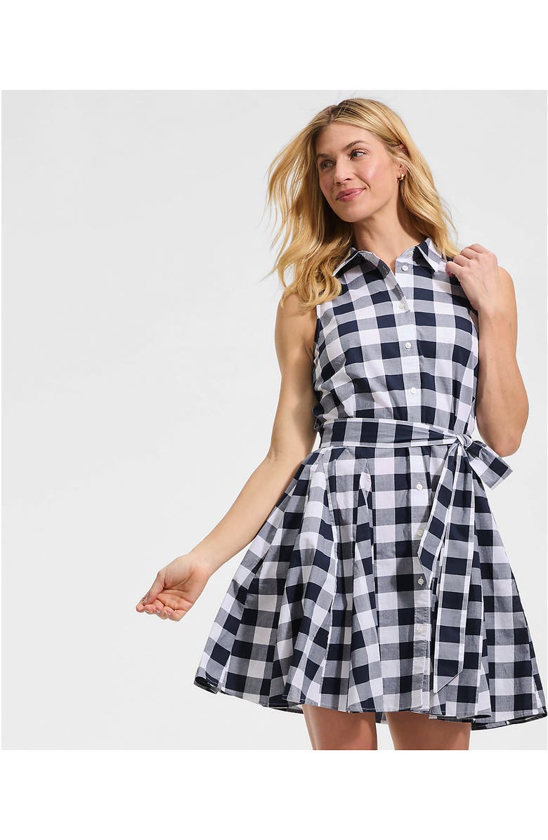 Lands' End Poplin Button Front Dress with Godets, Alternate, color, Radiant Navy Gingham