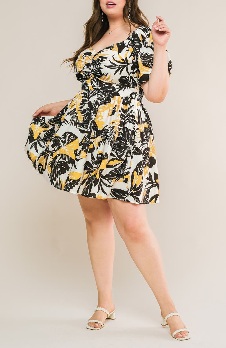 FLYING TOMATO Ruched Puff Sleeve Minidress, Alternate, color, Black