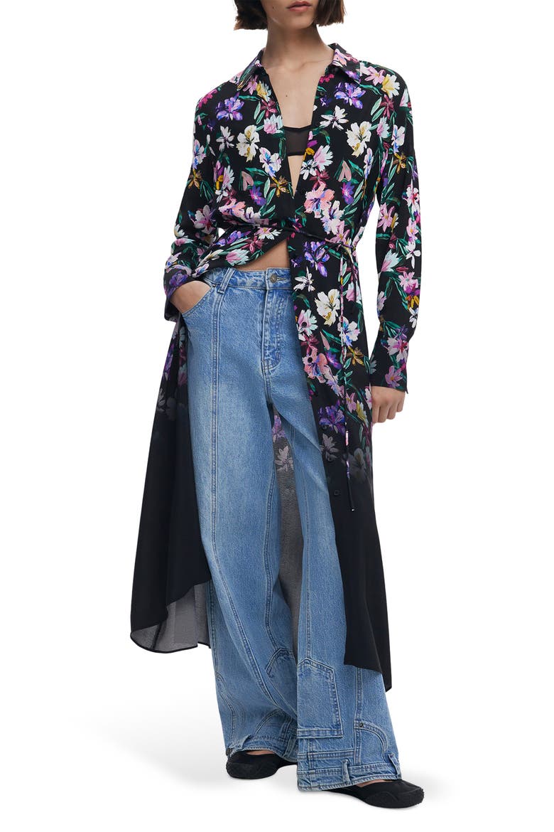 Belted Long Sleeve Midi Shirtdress, Main, color, BLACK
