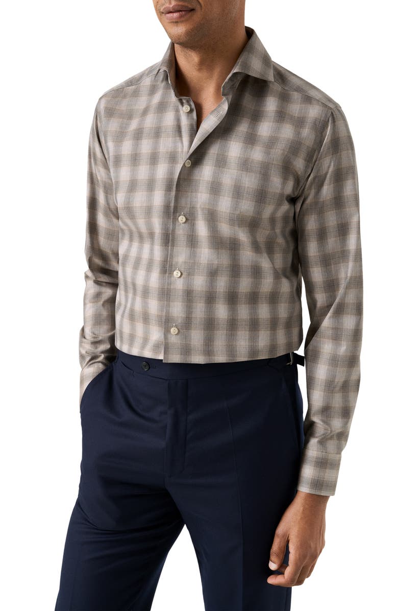 Eton Slim Fit Check Mélange Organic Cotton Twill Dress Shirt, Main, color, Light Beige