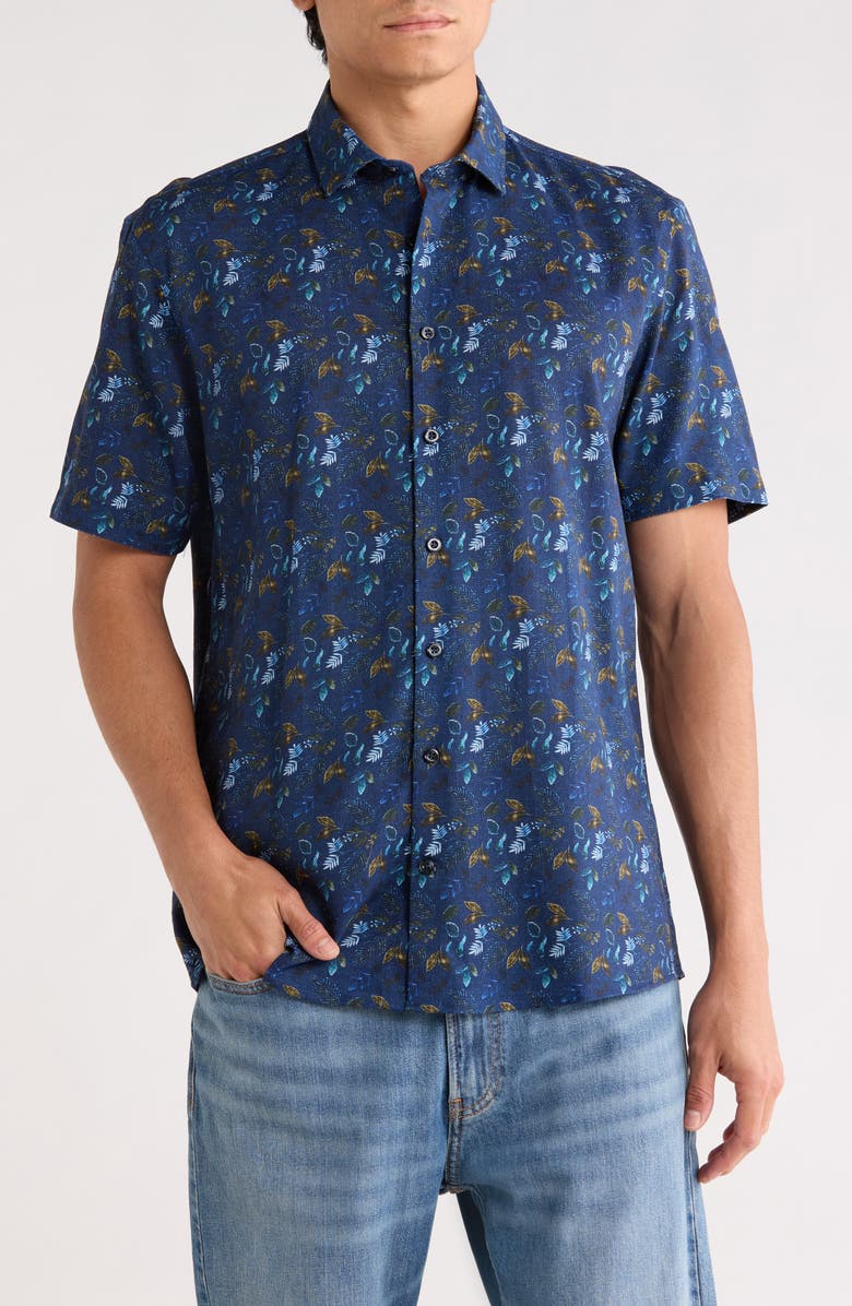SOUL OF LONDON Linen Blend Short Sleeve Sport Shirt, Main, color, Navy / Marine