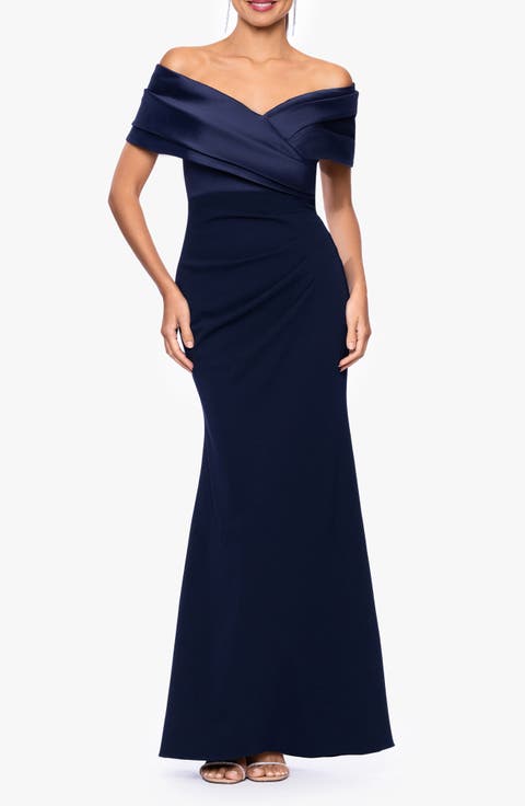 Off the Shoulder Scuba Crepe Gown.