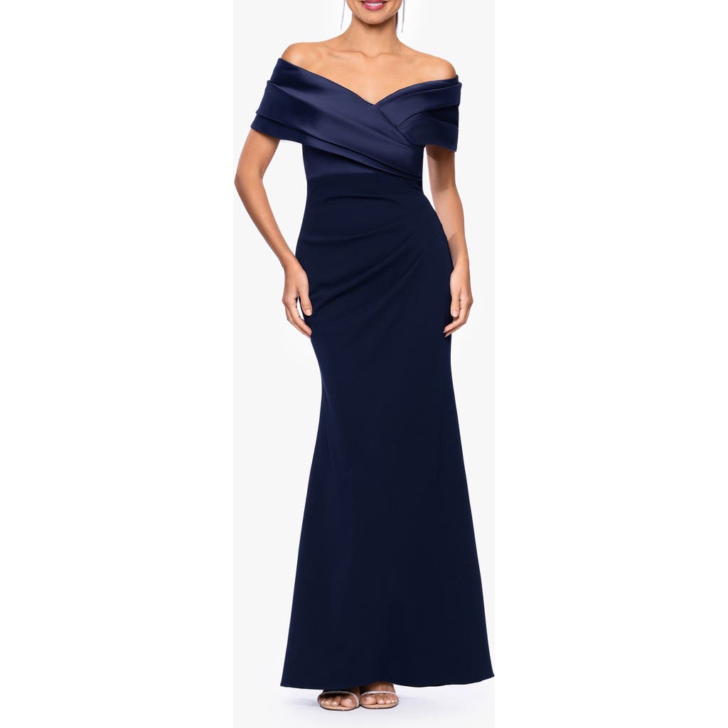 Betsy & Adam Off The Shoulder Scuba Crepe Gown. In Blue