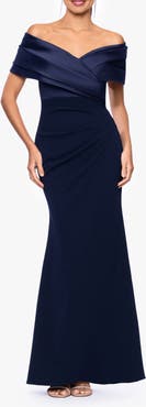Betsy & Adam Off the Shoulder Scuba Crepe Gown.
