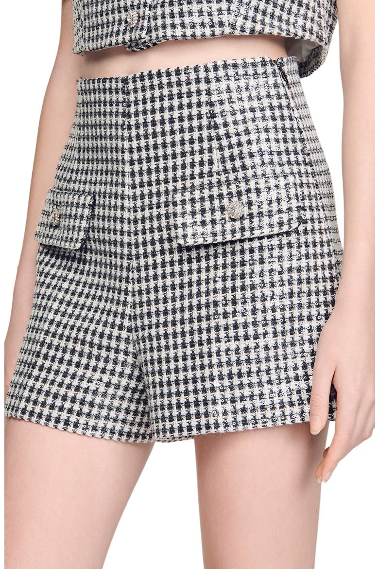 Sequin houndstooth tweed shorts, Alternate, color, Black / white