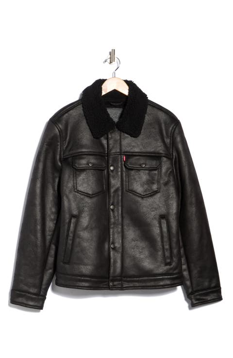 Faux Leather Trucker Jacket with Faux Shearling Collar