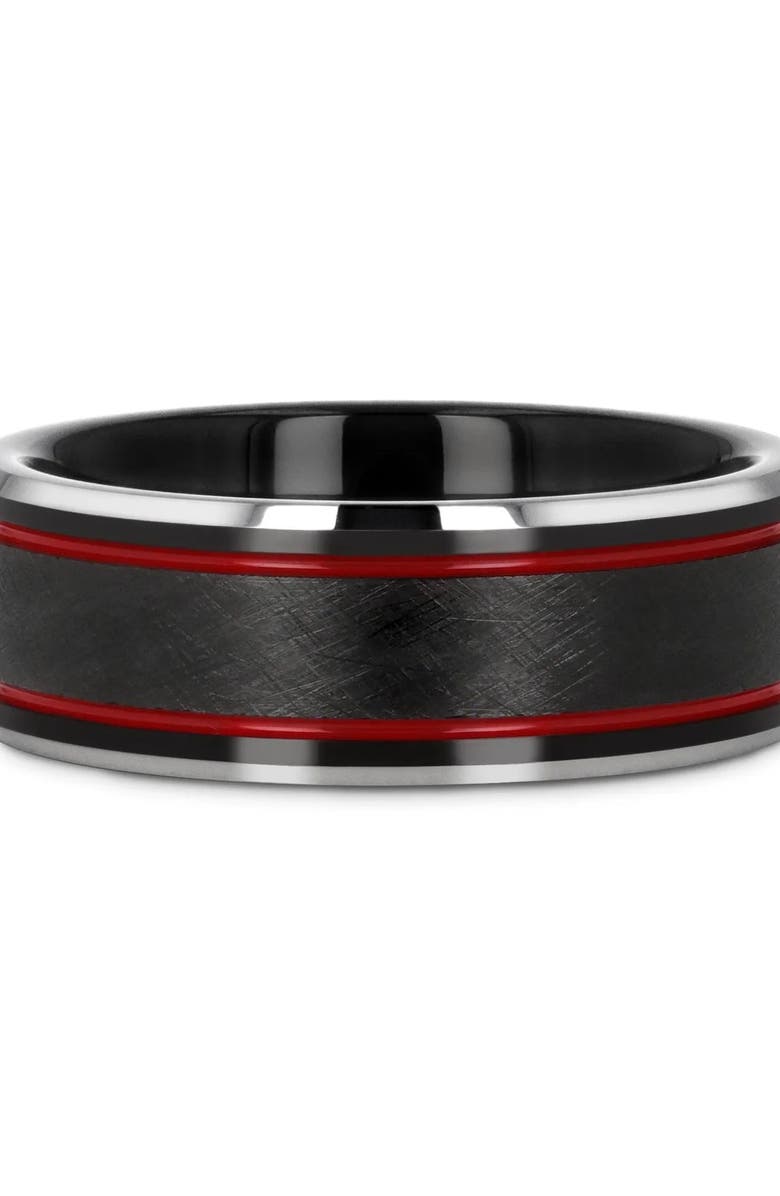 Larson Jewelers Olis Wire Finish Tungsten Wedding Band, Alternate, color, Black / Red
