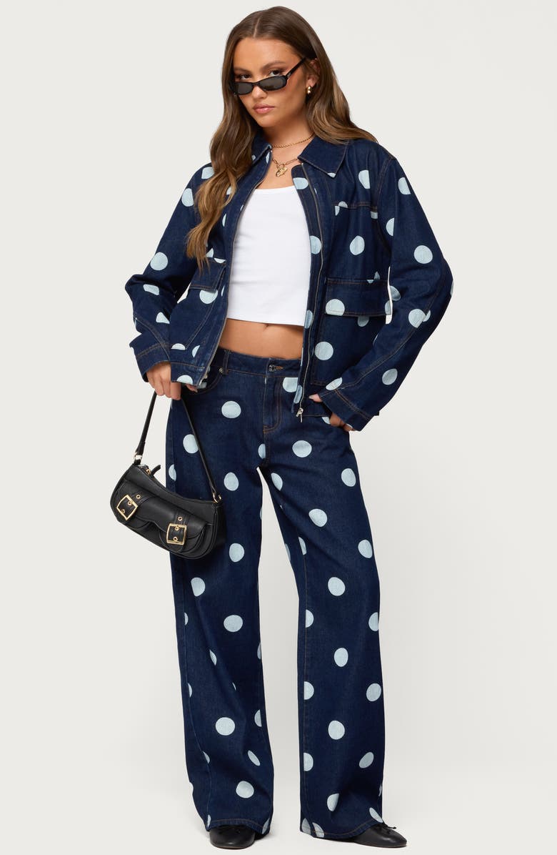 EDIKTED Leyah Polka Dot Oversize Denim Jacket, Alternate, color, Dark-Blue