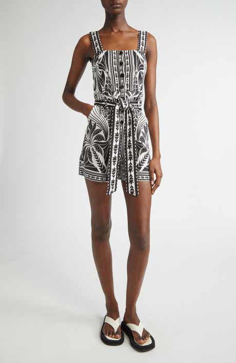 FARM Rio Monochrome Elegance Scarf Print Belted Linen Blend Romper