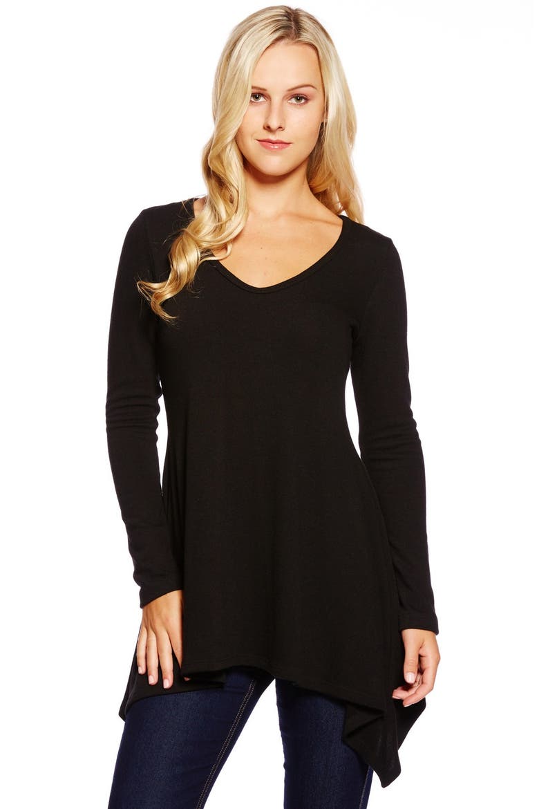 Long Sleeve Handkerchief Hem Top, Main, color, BLACK