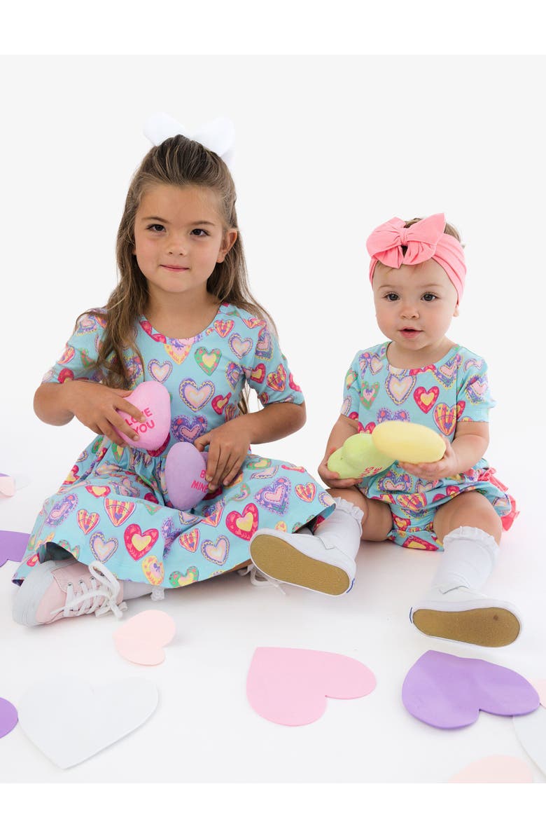 RuffleButts Knit Short Sleeve Bow Bubble Romper, Alternate, color, Painted With Love