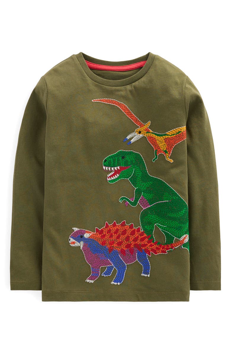 Boden Kids' Embroidered Glow in the Dark Cotton T-Shirt, Main, color, Woodland Green Dinos