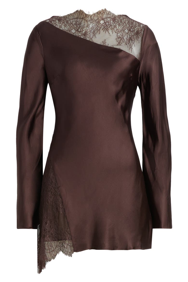 Allgra Asymmetric Lace Panel Charmeuse Minidress, Main, color, ESPRESSO