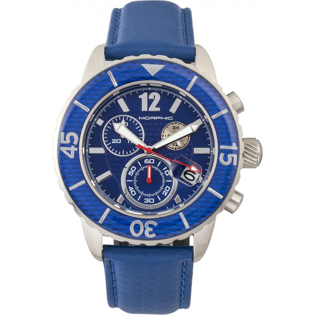 Morphic M51 Series Chronograph Leather-band Watch W/date In Silver/blue