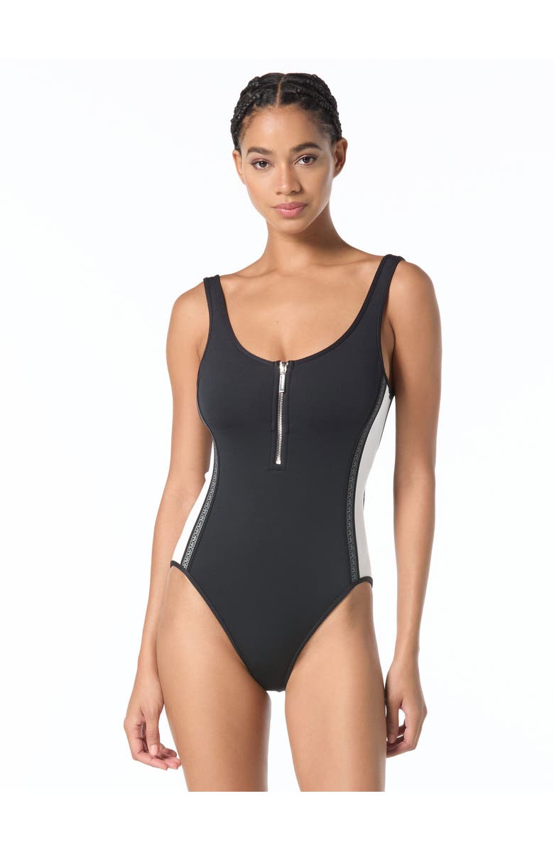 MICHAEL Michael Kors Signature Scuba Zip Front One-Piece Swimsuit, Main, color, Black