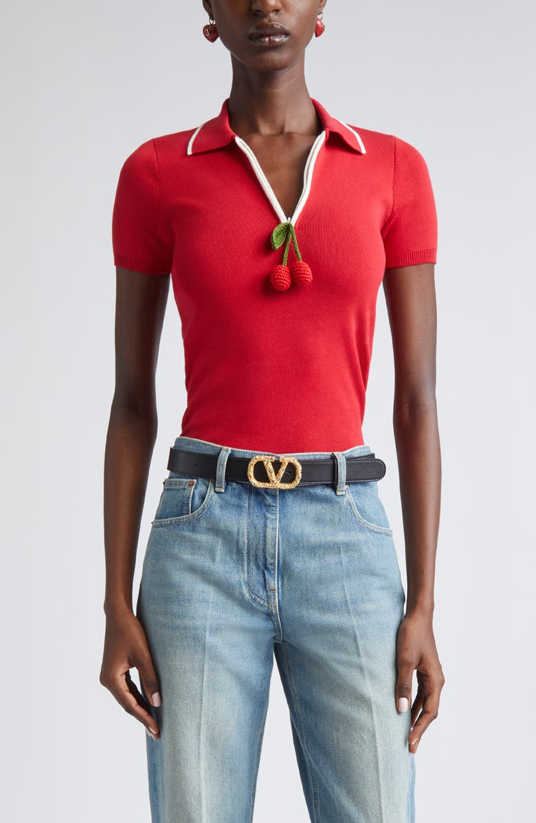 Valentino Garavani Crochet Cherry Polo Sweater, Main, color, Red
