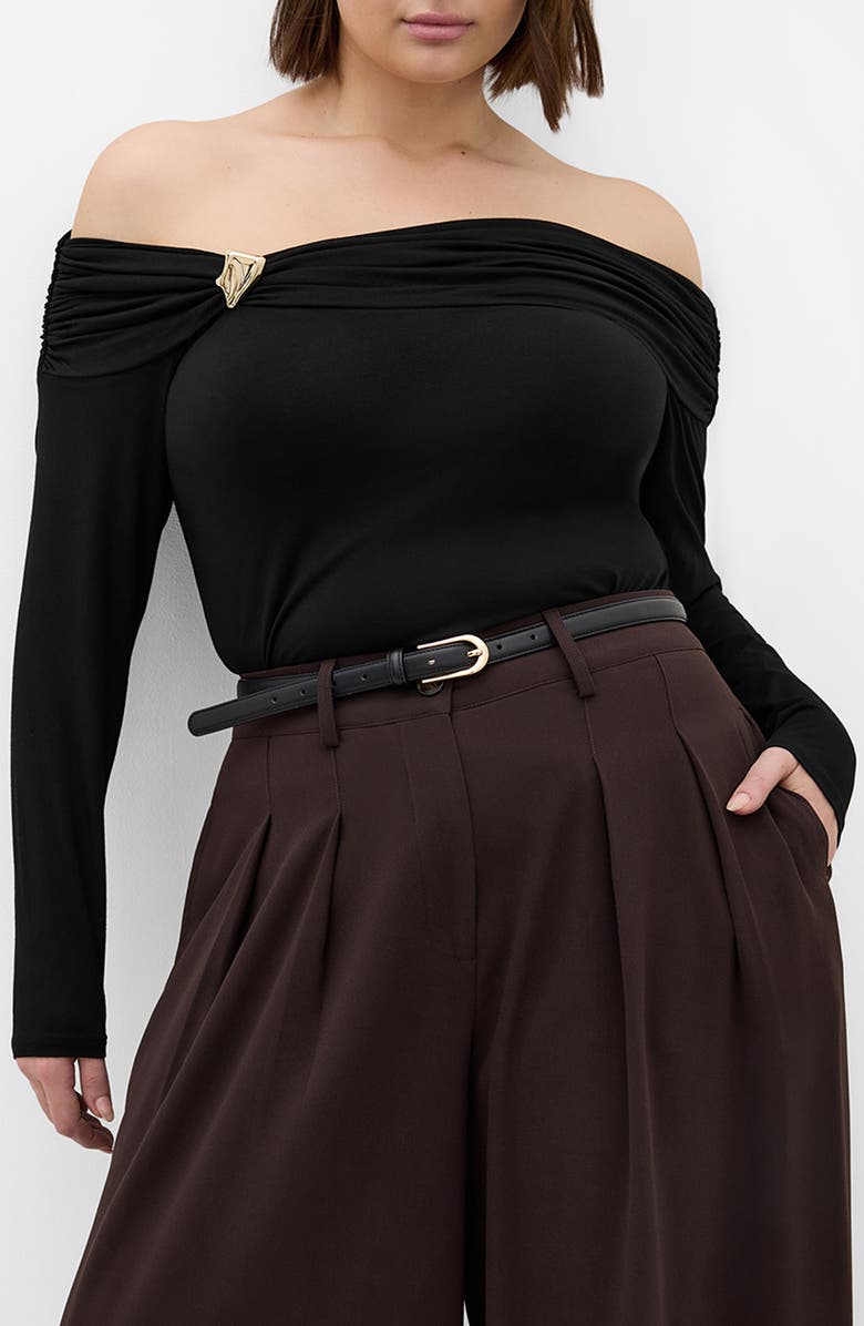 City Chic Ruched Off the Shoulder Top, Main, color, Black