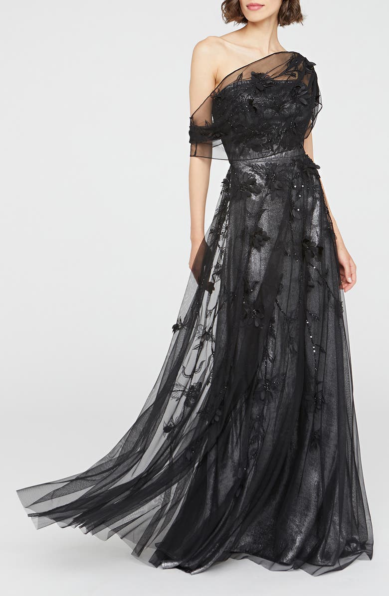 Theia Lenora Metallic Floral Appliqué One-Shoulder Gown, Main, color,