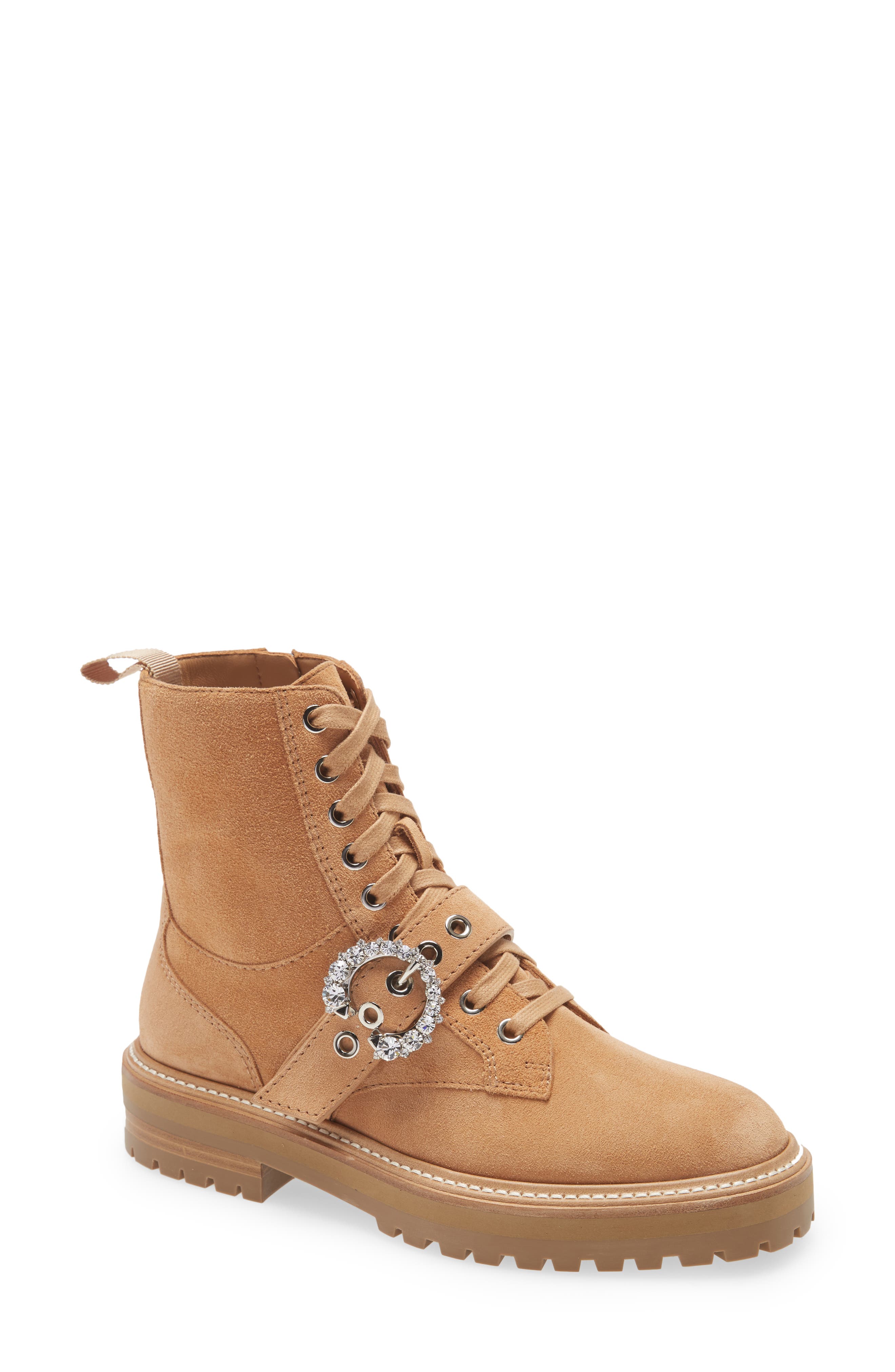 Jimmy Choo Cora Crystal Buckle Combat Boot, Main, color, Caramel/ Crystal
