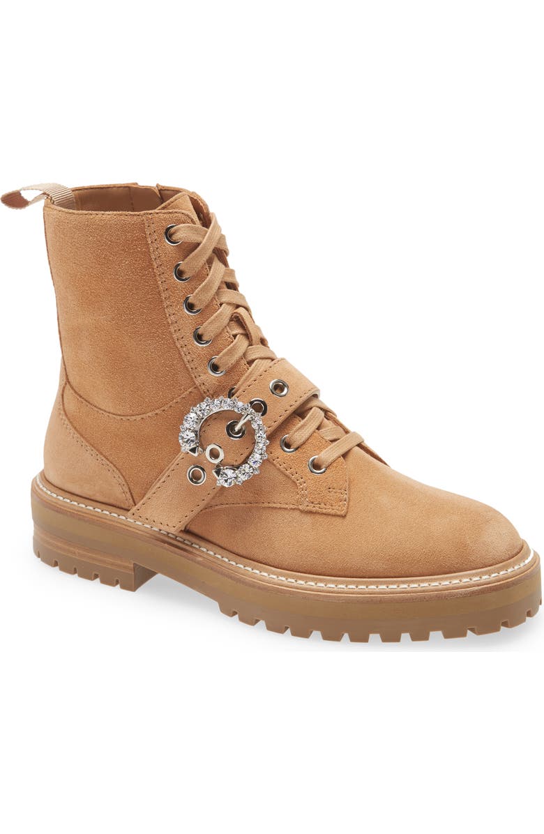 Jimmy Choo Cora Crystal Buckle Combat Boot, Main, color, Caramel/ Crystal