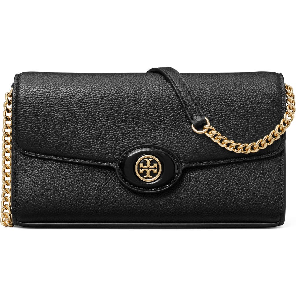 Tory Burch Robinson Pebble Leather Wallet On A Chain In Black/black