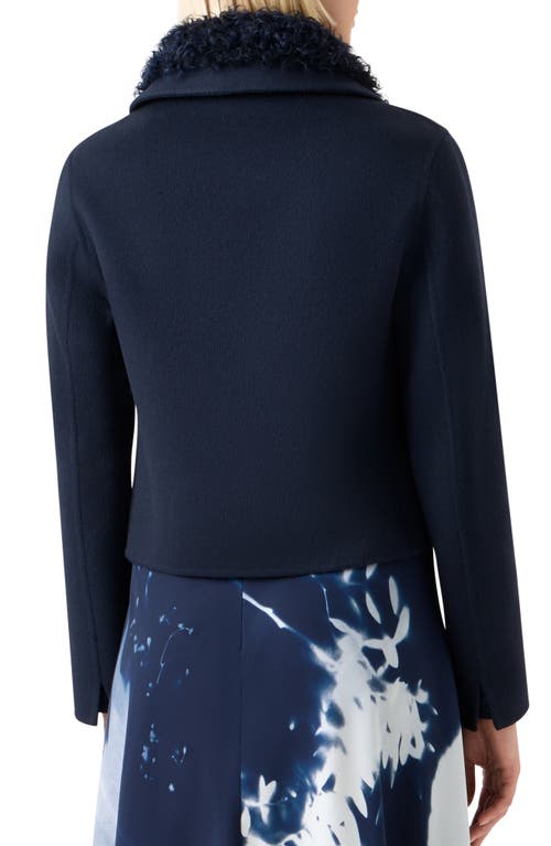Akris Edena Cashmere Crop Jacket With Genuine Shearling Collar In Blue