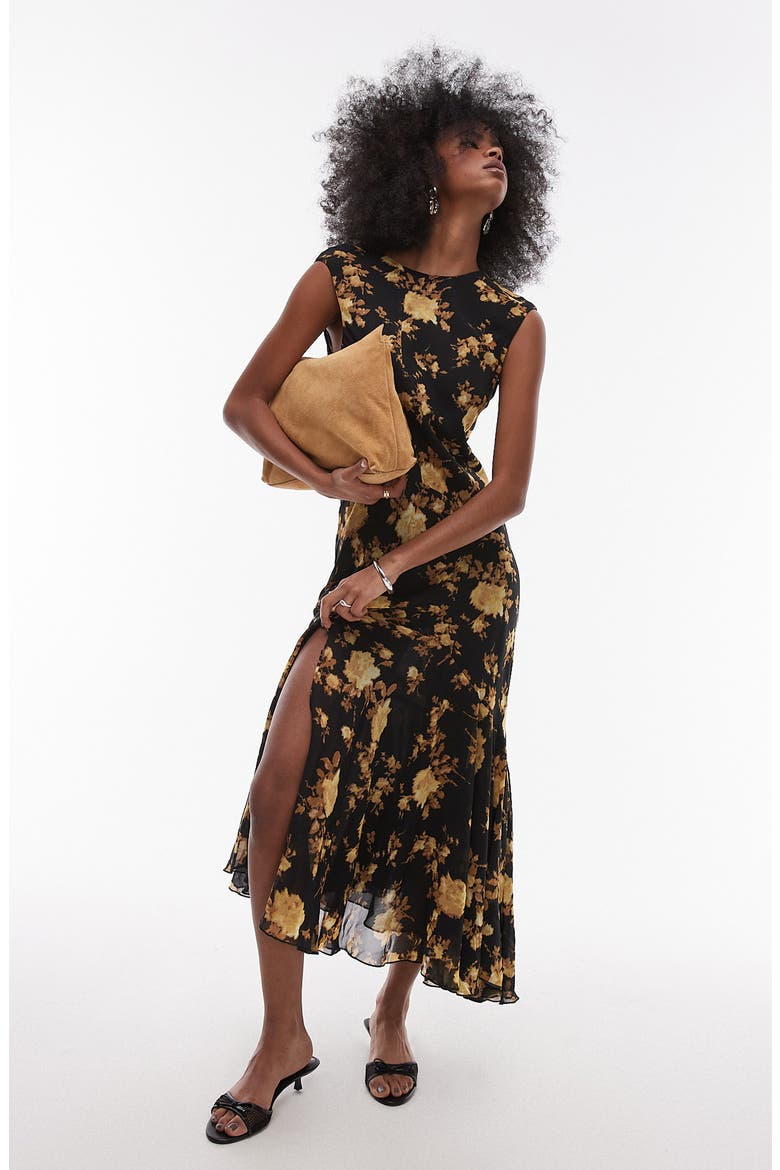 Floral Godet Hem Midi Dress, Main, color, BROWN