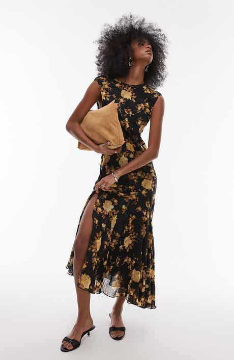 Topshop Floral Godet Hem Midi Dress