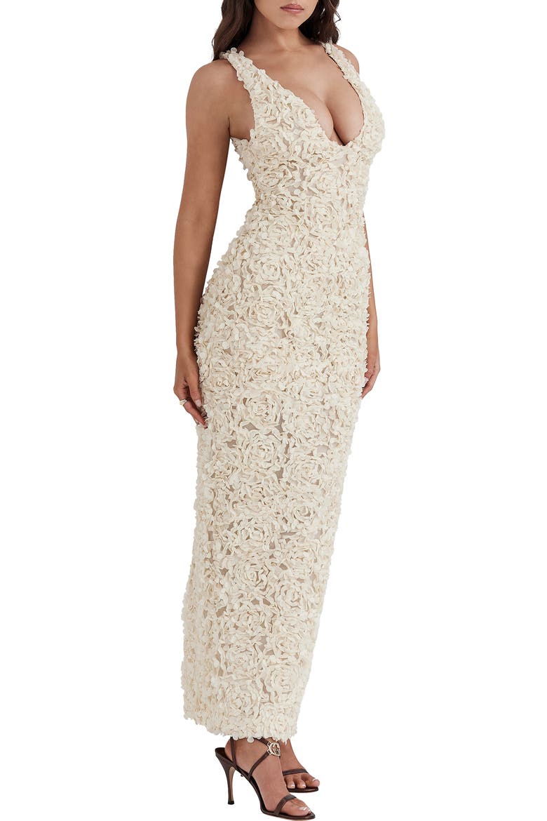 Carena 3D Floral Appliqué Plunge Neck Gown, Alternate, color, BLEACHED SAND