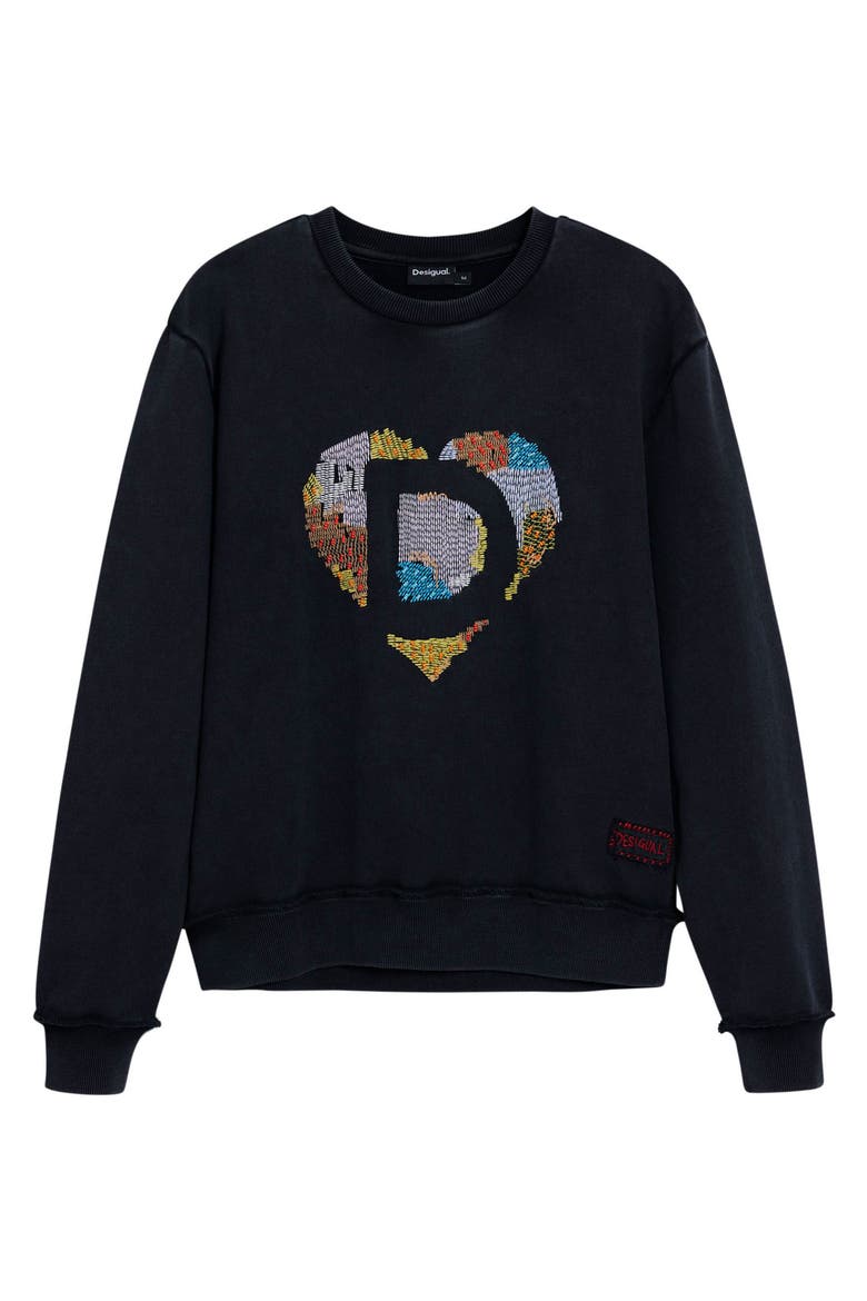 Heart Embroidered Cotton Graphic Sweatshirt, Alternate, color, BLACK
