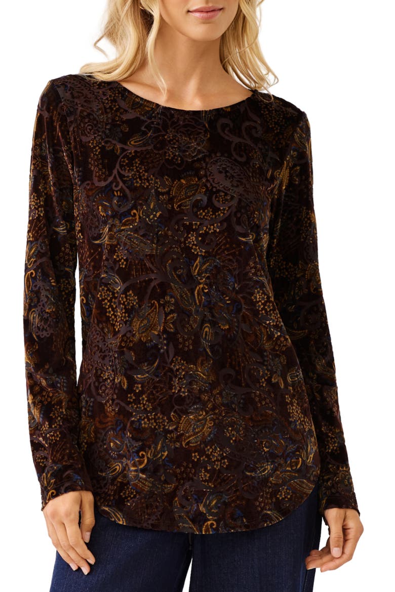 Velvet Burnout Shirttail Top, Main, color, CHOCOLATE