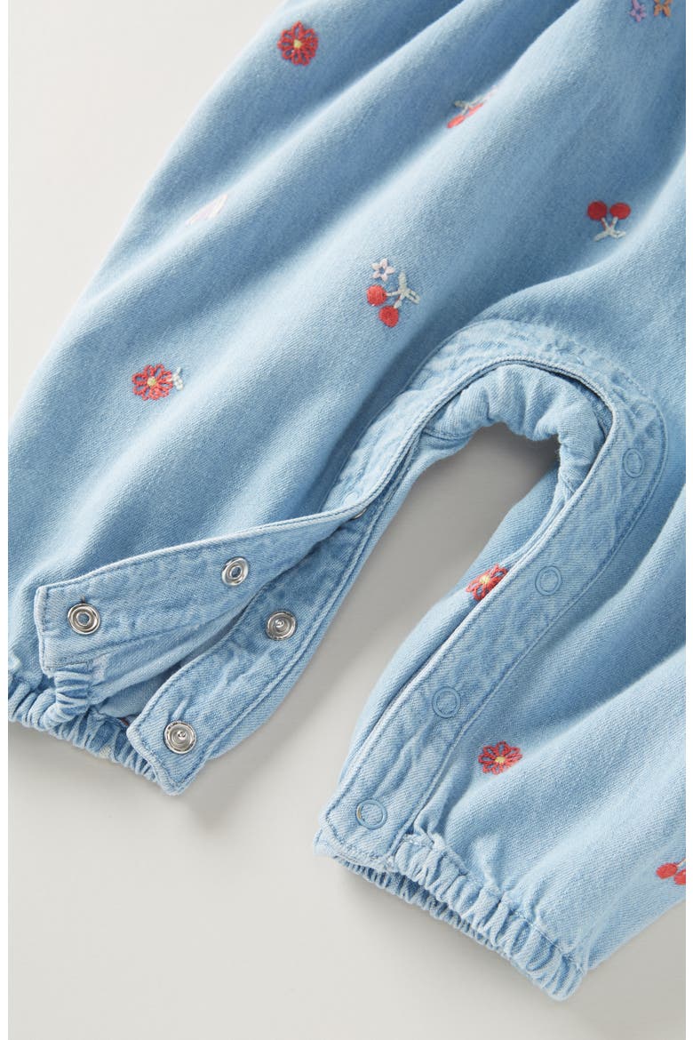 Embroidered Denim Bubble Romper, Alternate, color, AQUAMARINE WASH DITSY ICONS