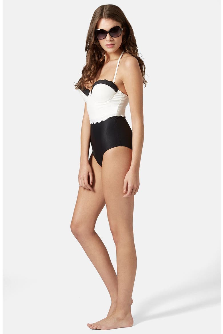 Scalloped One Piece Swimsuit, Alternate, color, BLACK