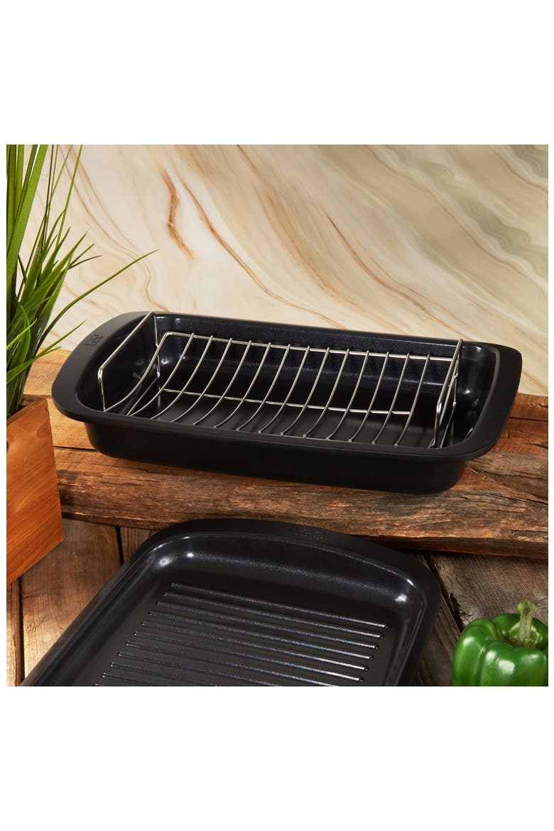Leo Graphite Roasting Pan & Wire Rack, Alternate, color, BLACK