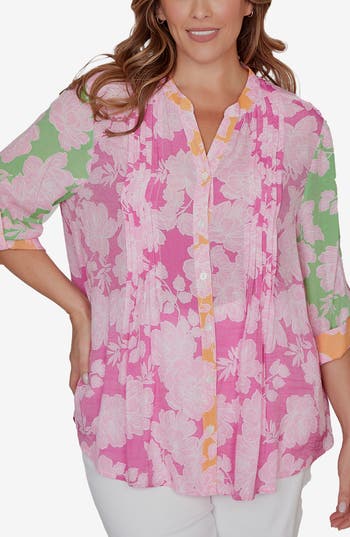 Ruby Rd. Ruby Rd Floral Slub Pleated Three-quarter Sleeve Top In Pink