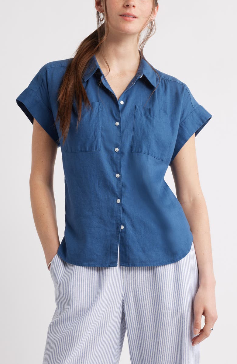 Caslon<sup>®</sup> Linen Blend Short Sleeve Button-Up Shirt, Main, color, Blue Ensign