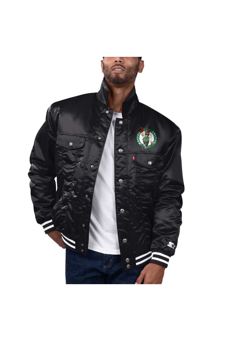 Men's Starter x Levi's Black Boston Celtics Silver Label Trucker Satin Full-Snap Jacket, Main, color, Black