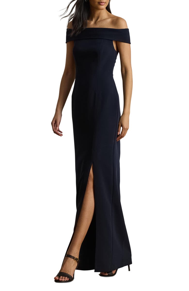 Lauren Ralph Lauren Crepe Off the Shoulder Column Gown, Main, color, Lighthouse Navy