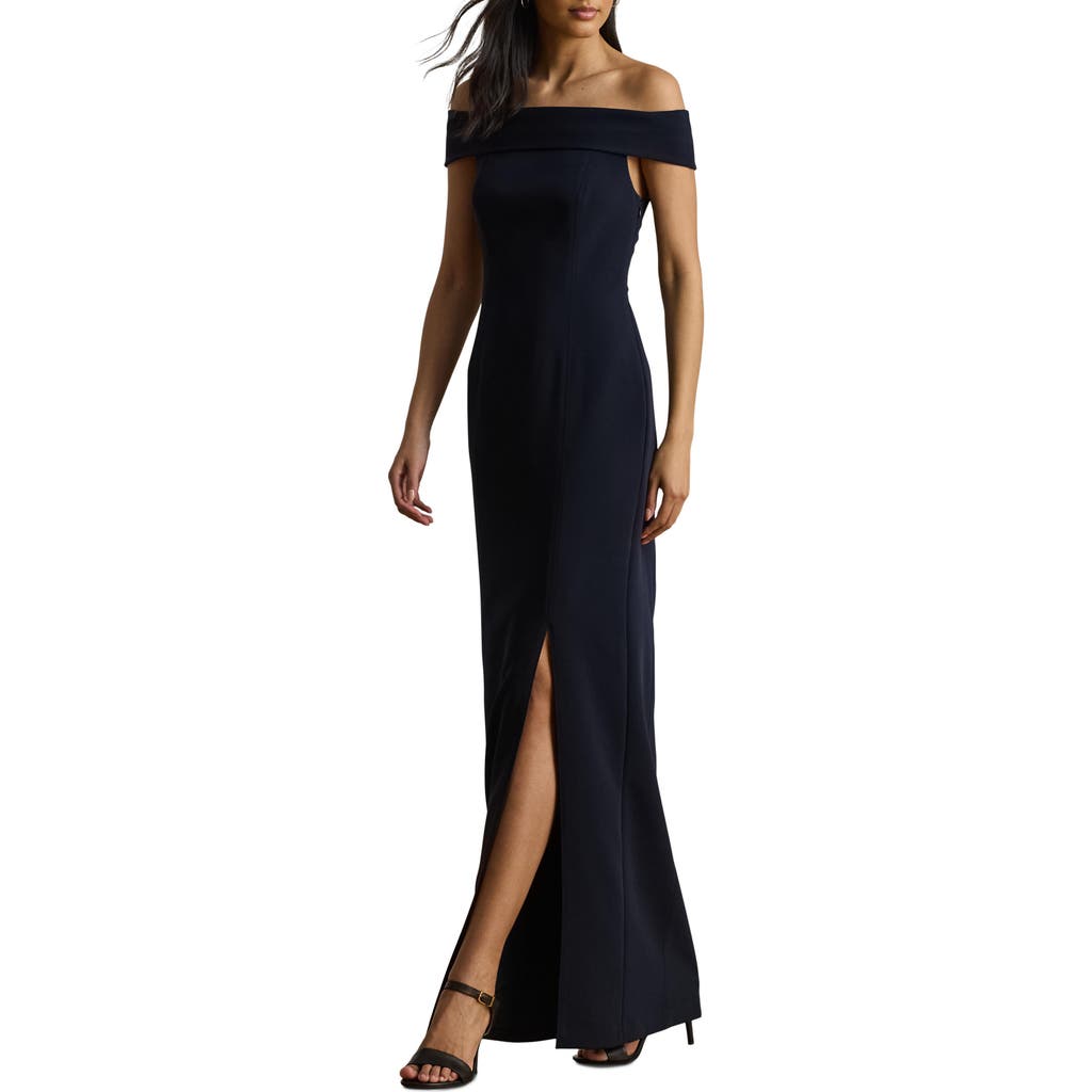 Ralph Lauren Crepe Off-the-shoulder Gown In Blue