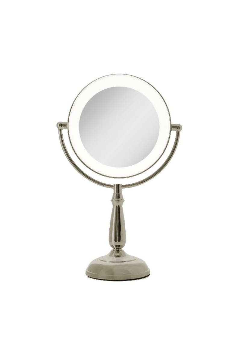 Lighted Makeup Mirror with 10X/1X Magnification & Touch Base Controls, Main, color, Polished Nickel