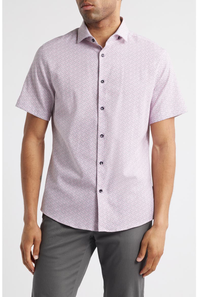 Artisanal Trim Fit Floral Geo Print Short Sleeve Cotton & Lyocell Button-Up Shirt, Main, color, MEDIUM PINK