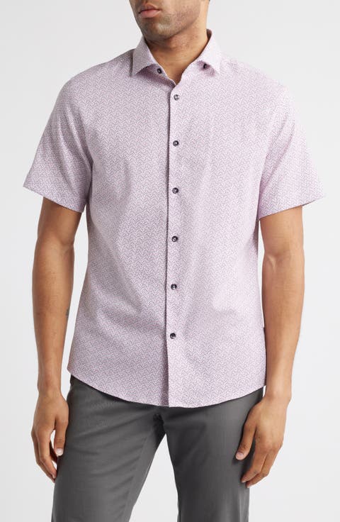 Artisanal Trim Fit Floral Geo Print Short Sleeve Cotton & Lyocell Button-Up Shirt