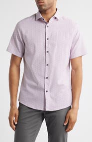 Stone Rose Artisanal Trim Fit Floral Geo Print Short Sleeve Cotton & Lyocell Button-Up Shirt