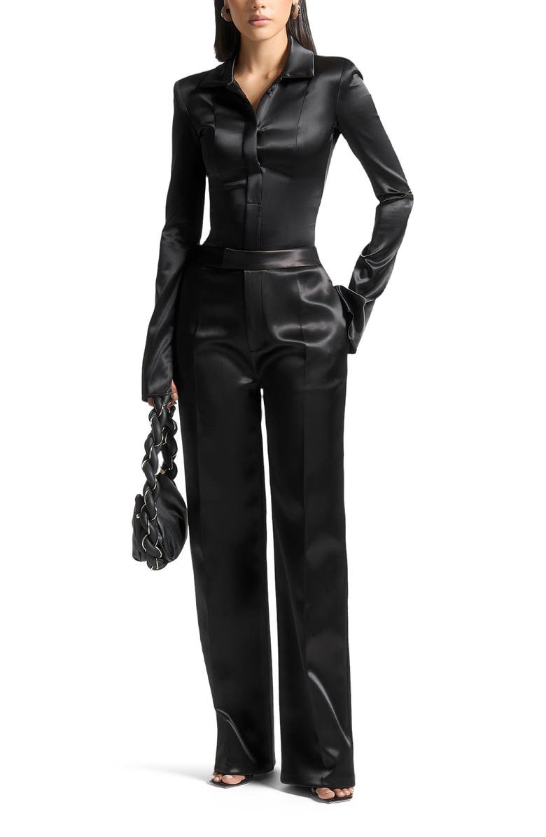 Manière De Voir Louise Wide Shoulder Satin Shirt Bodysuit, Alternate, color, Black